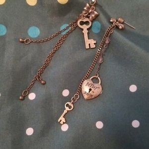 RARE Betsey Johnson Lock & Key Mismatched Drop Earrings